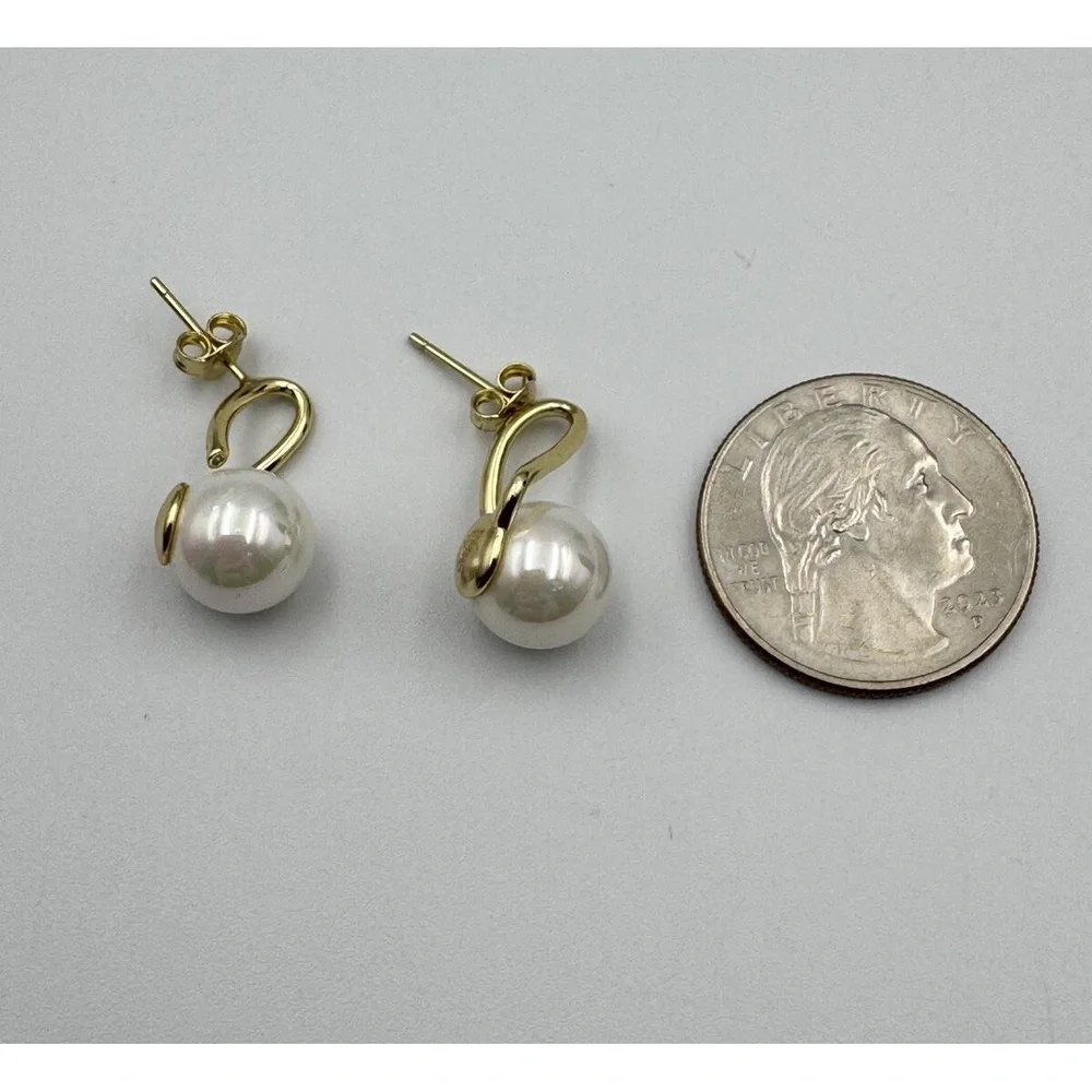 Vermeil 925 Sterling Silver Gold Tone Faux Pearl Drop Post‎ Earrings